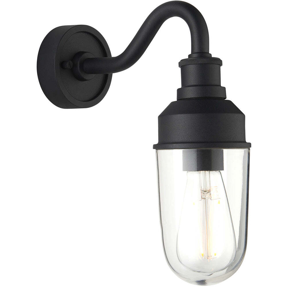 IP44 Outdoor Wall Light Textured Black Curved Arm Glass Shade Garage Porch Lamp
