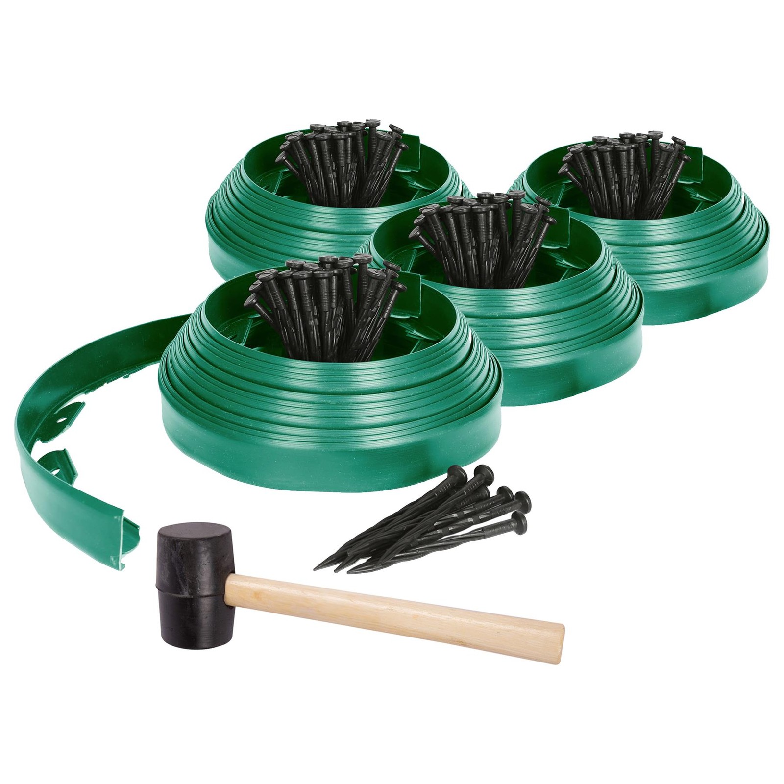 4x Flexible Plastic Lawn & Path Edging with 160 Pegs & Mallet 40m x 4cm Green