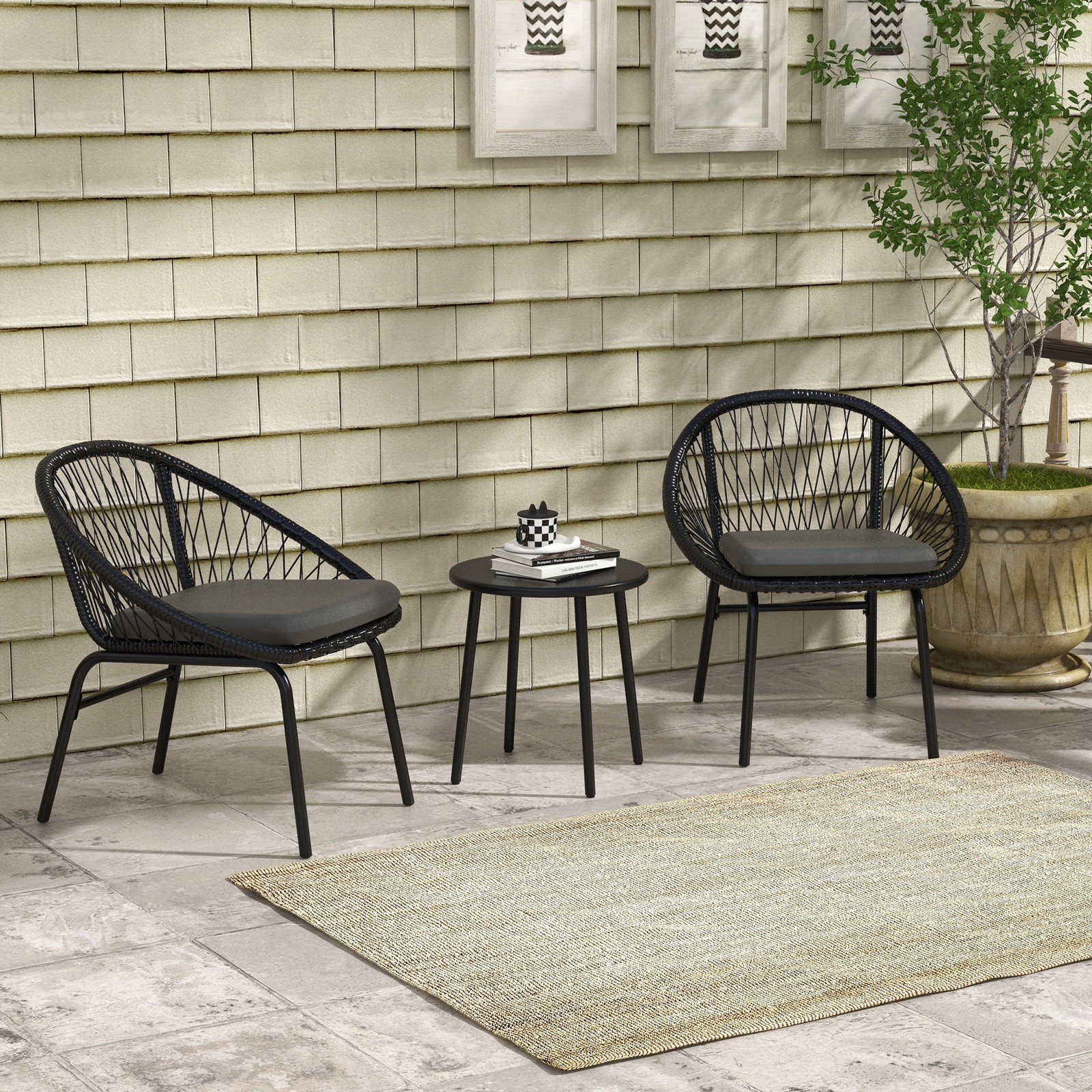 3 Piece Garden Furniture Set w/ 2 Armchairs & 1 Coffee Table for Garden, Black