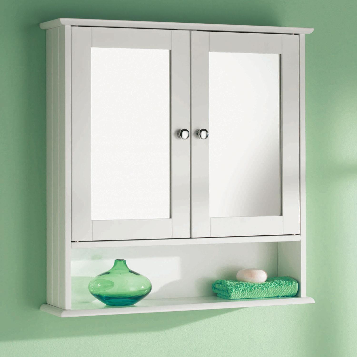 White Wooden Double Mirror Door Indoor Wall Mountable Bathroom Cabinet Shelf New