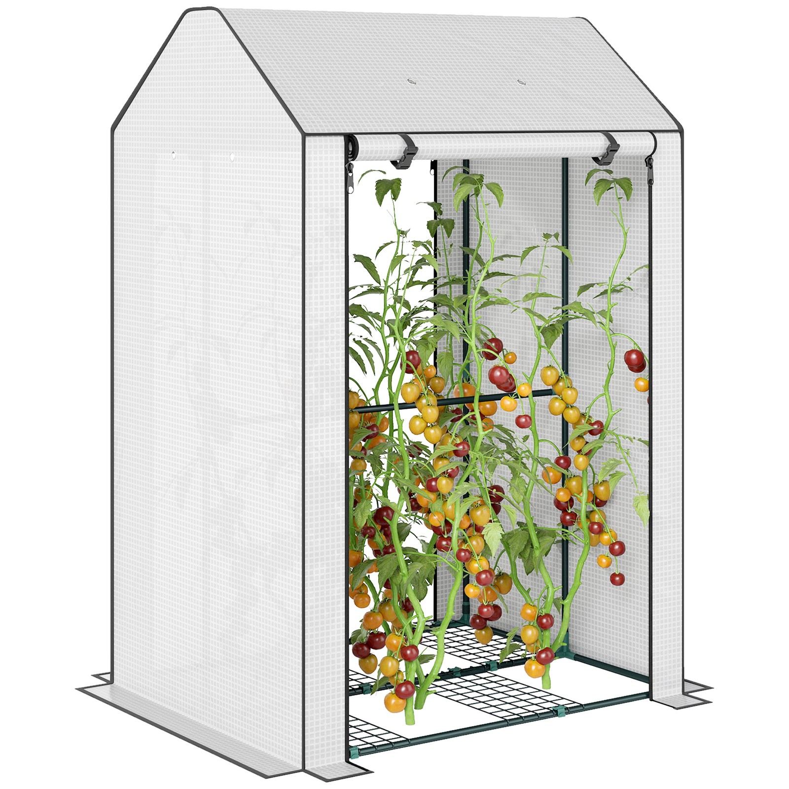 Outsunny Mini Greenhouse with Shelves and Roll Up Door, 100x80x150cm, White