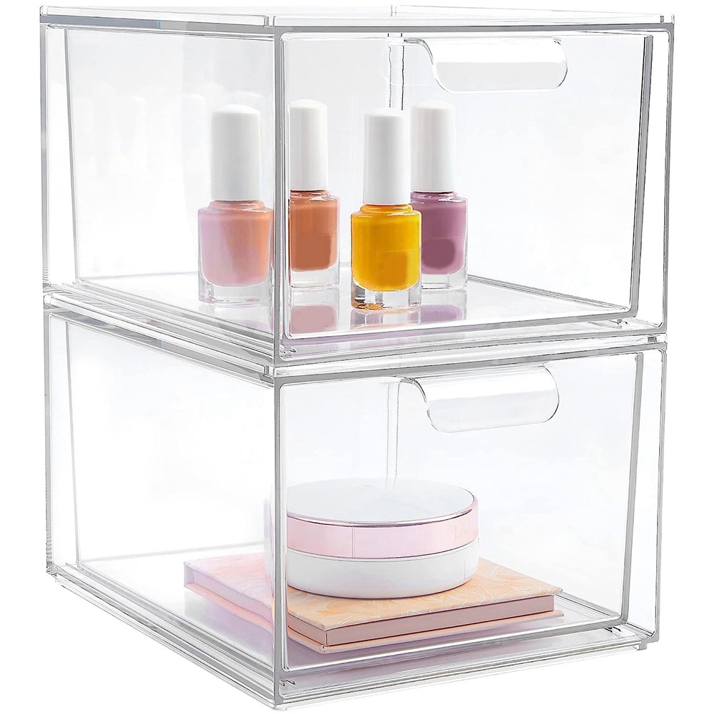 2 Pack Stackable Makeup Organizer Storage Box Acrylic Bathroom Organizer E3I2