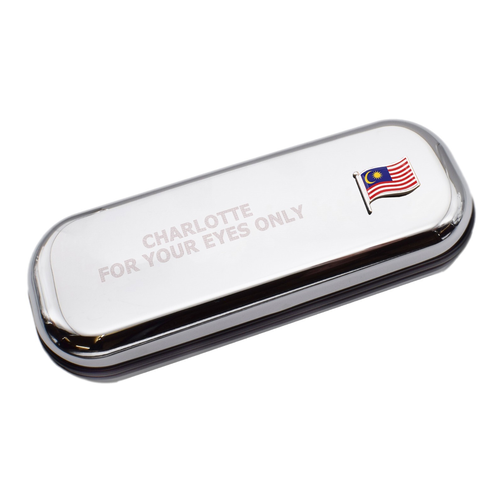 Malaysia Wave Flag & Engraved With Message Chromed Glasses Case Box