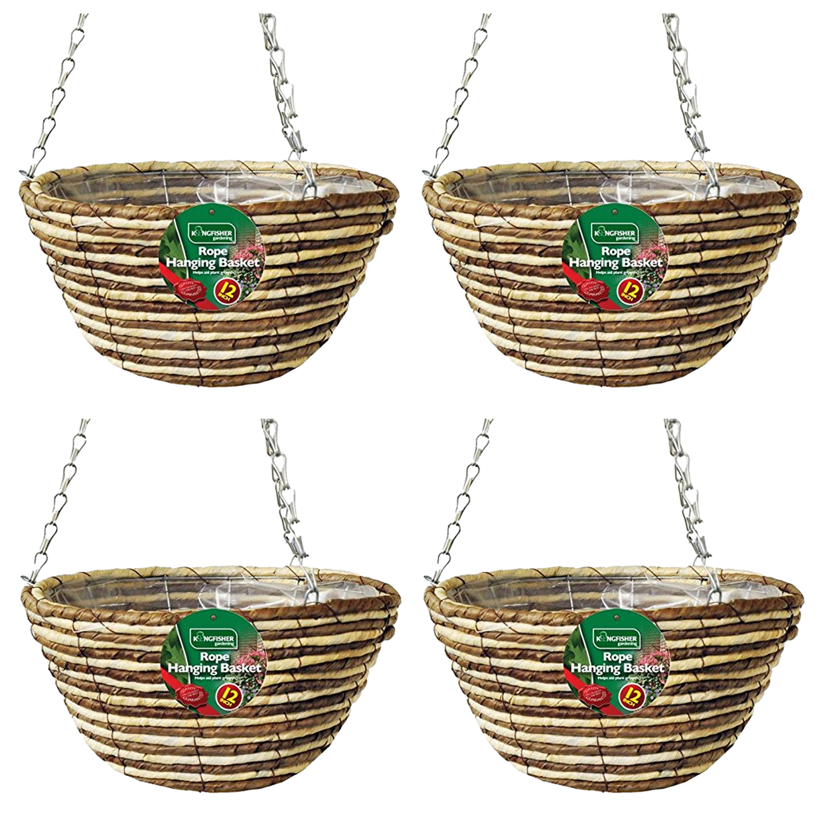 Set of 4 12 Inch Rope Hanging Basket Wire Chain Wicker Garden Planter Plants