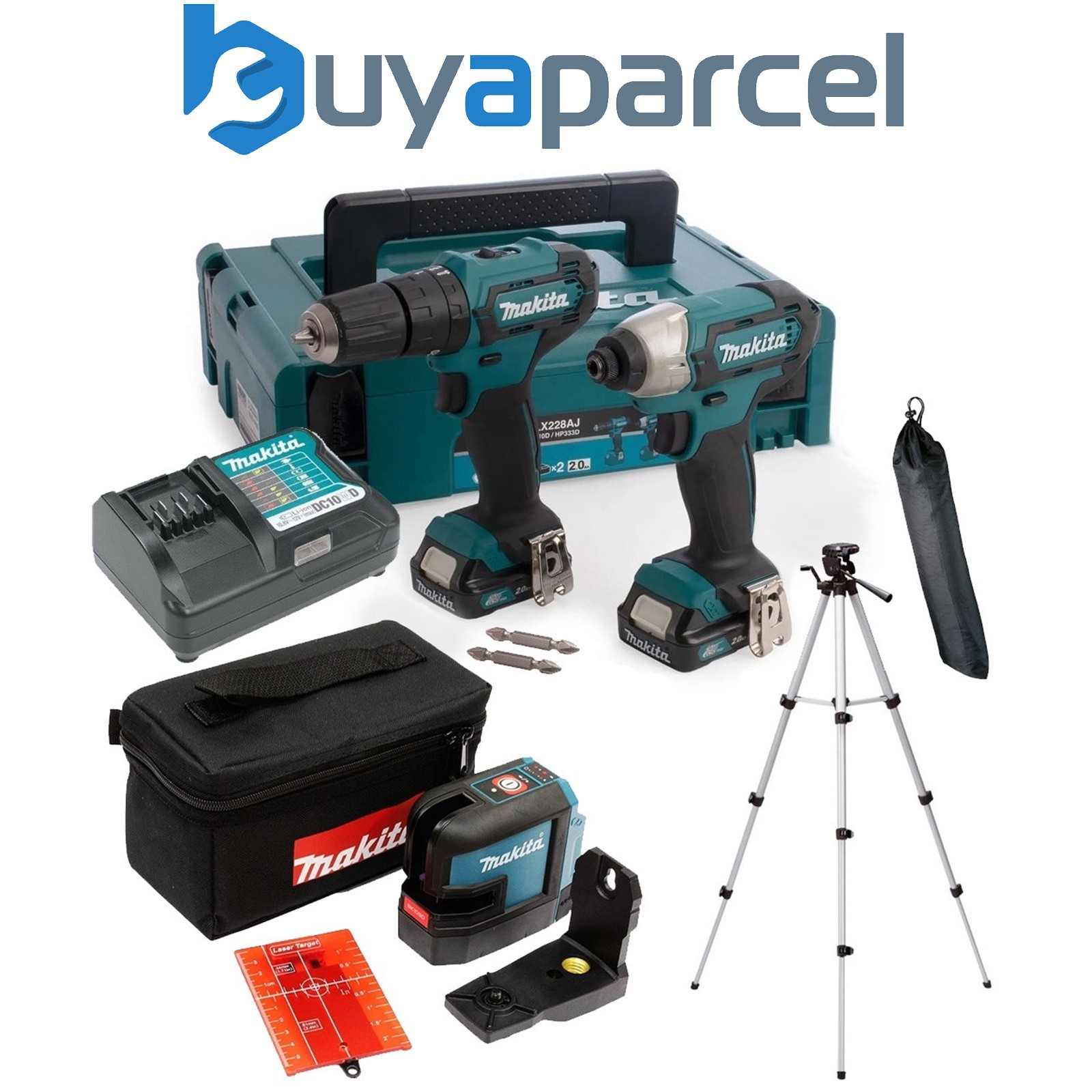 Makita CLX228AJ 12v Max Lithium Combi Hammer Drill + Cross Line Laser + Tripod