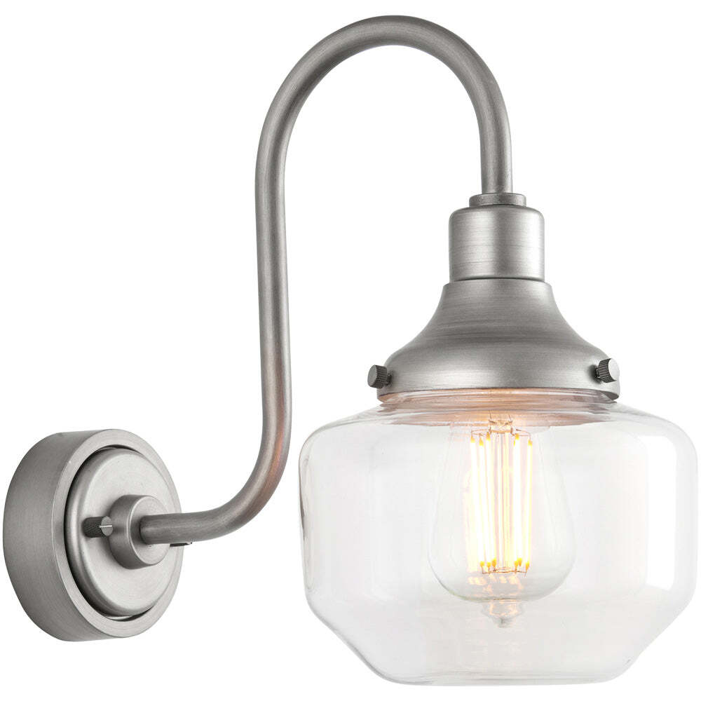 IP44 Outdoor Wall Light Brushed Slilver Swan Neck Lamp Clear Glass Garage Porch