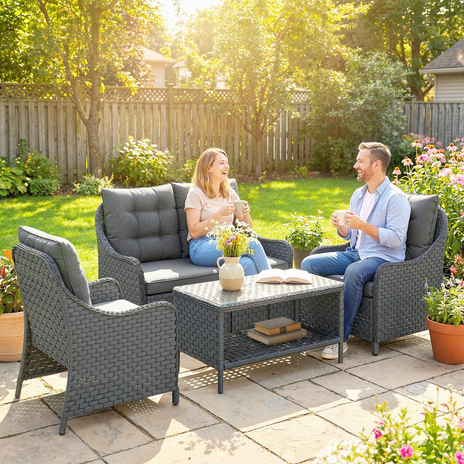 4 Piece Rattan Garden Furniture Set with 2 Armchairs, Loveseat, Coffee Table