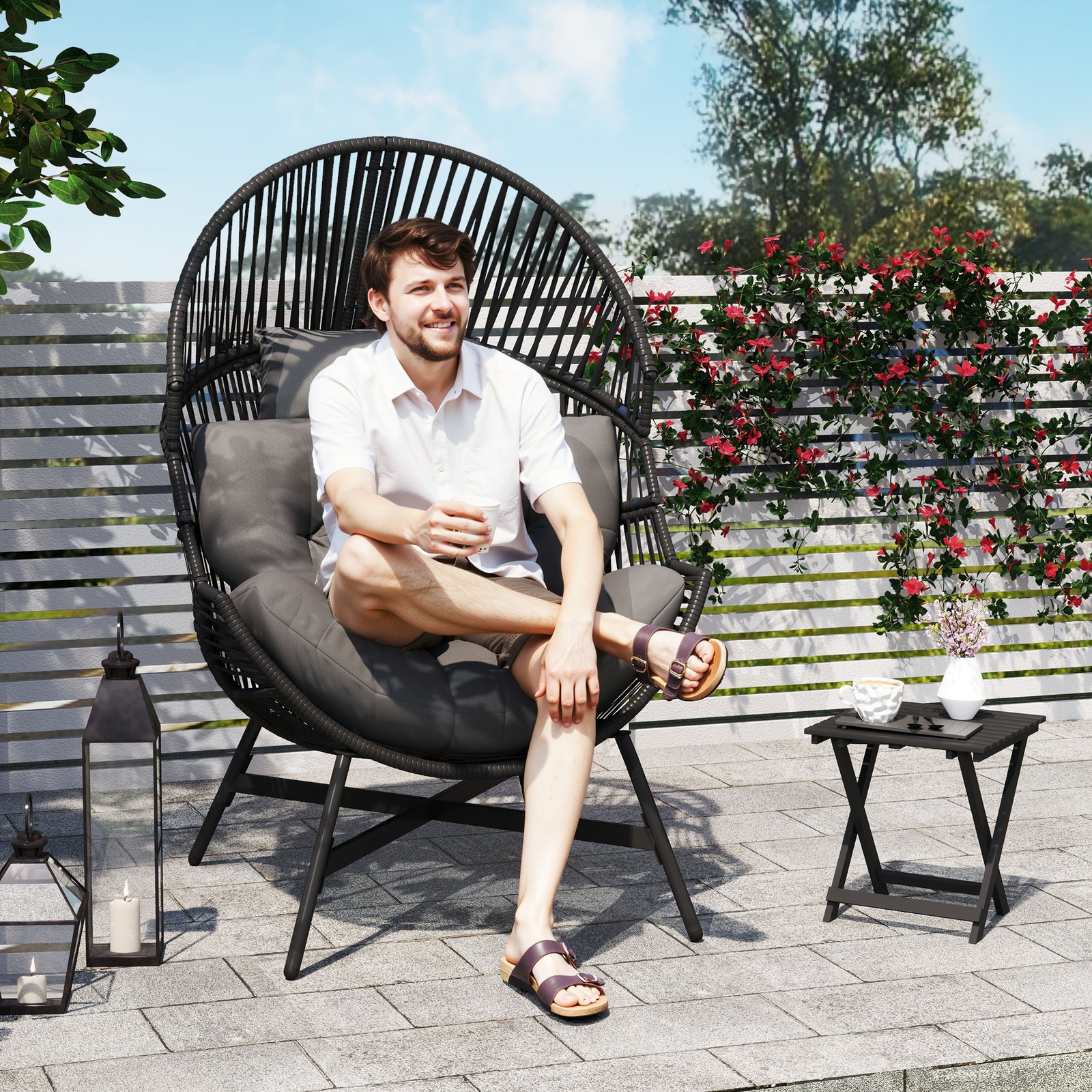 Single Seat Egg Chair Outdoor Garden Chair with Thick Cushion, Charcoal Grey
