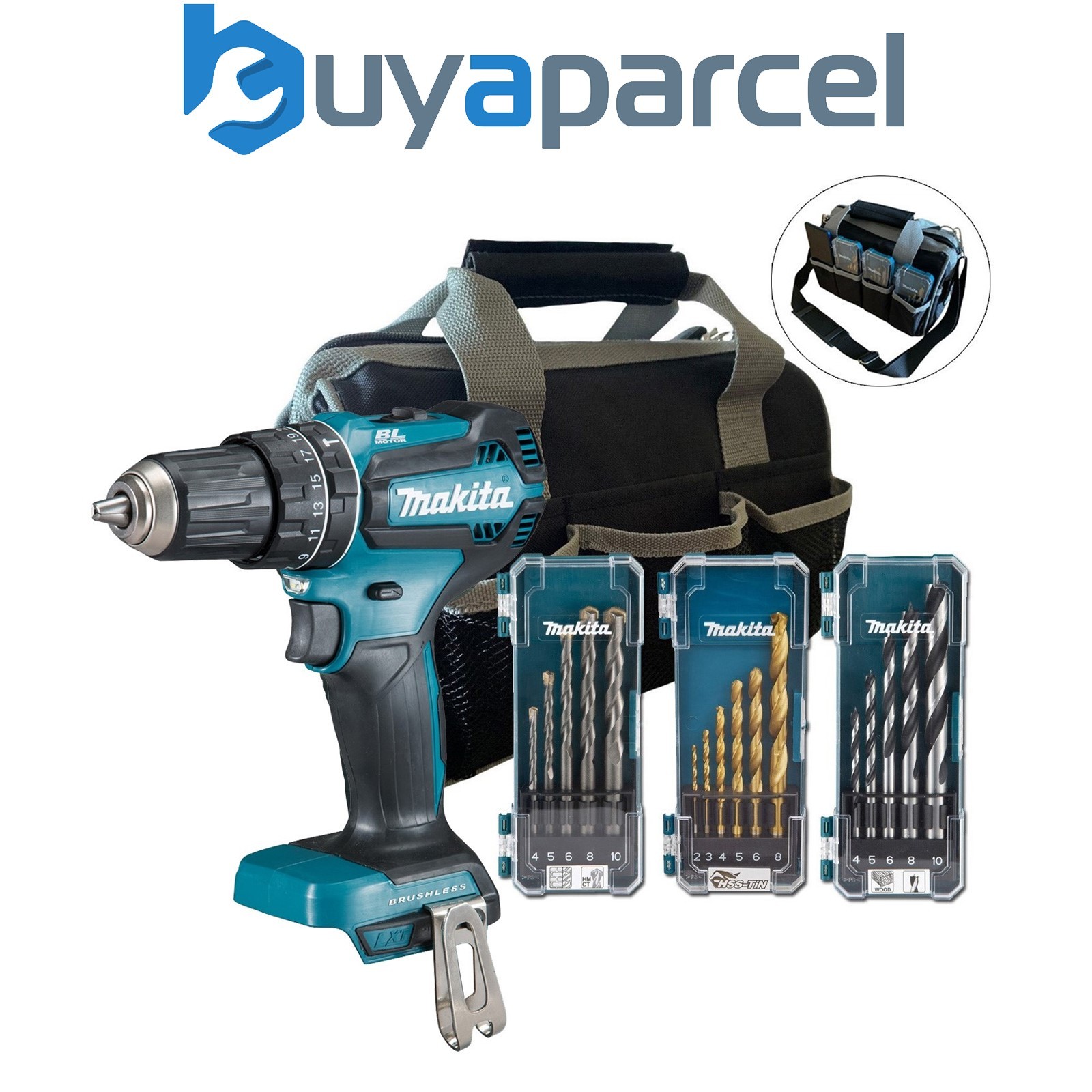 Makita DHP485Z 18V LXT Brushless Combi Hammer Drill Bare + Bag + 16PC Bit Set