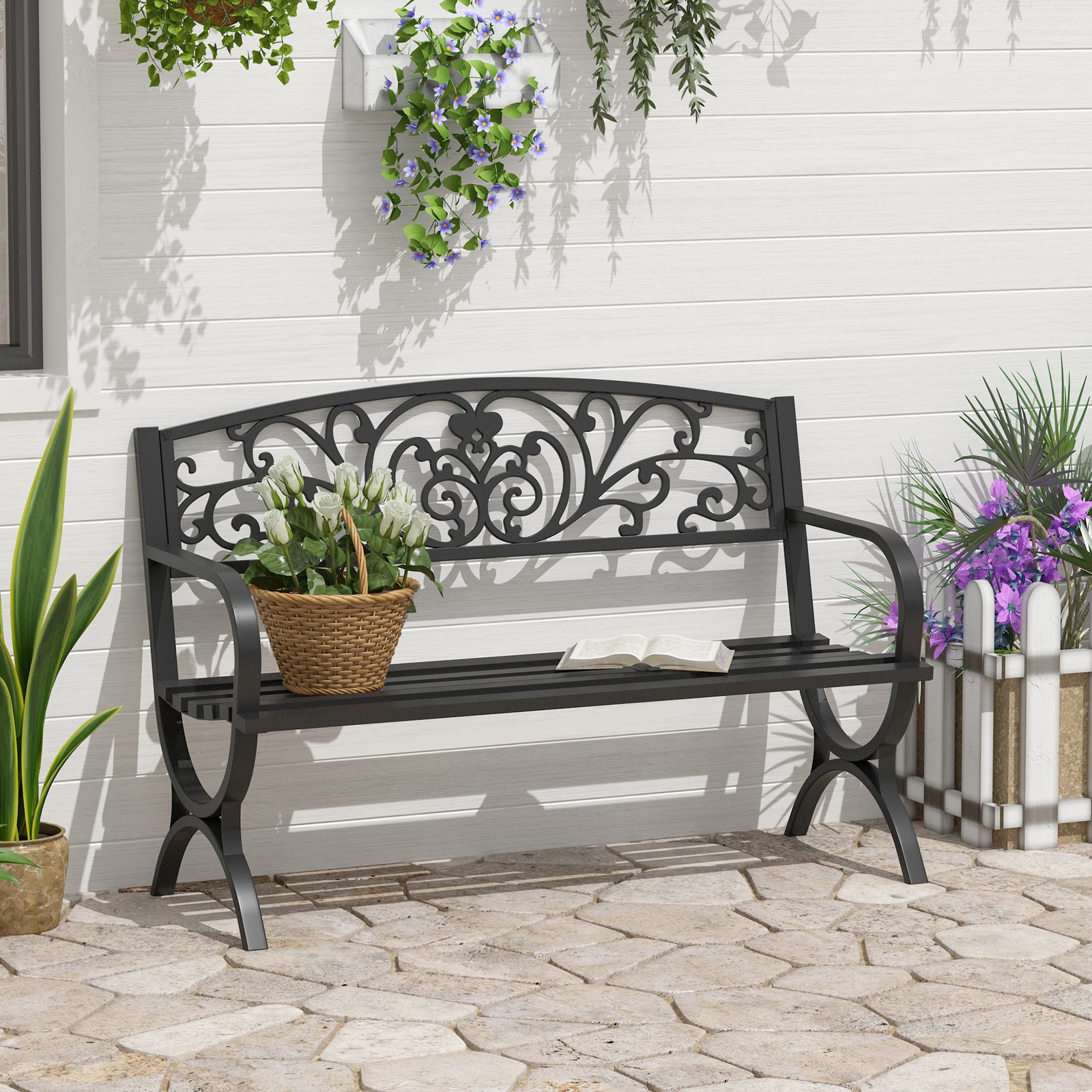 Garden Bench Porch Chair Furniture Patio Park Loveseat Steel Black Outdoor