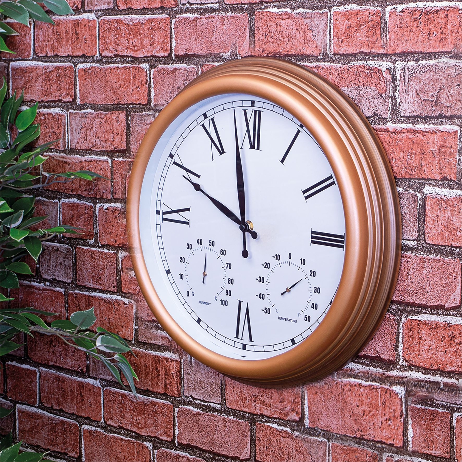 Garden Wall Clock 15" Station Thermometer Humidity Sensor Outdoor Roman Copper