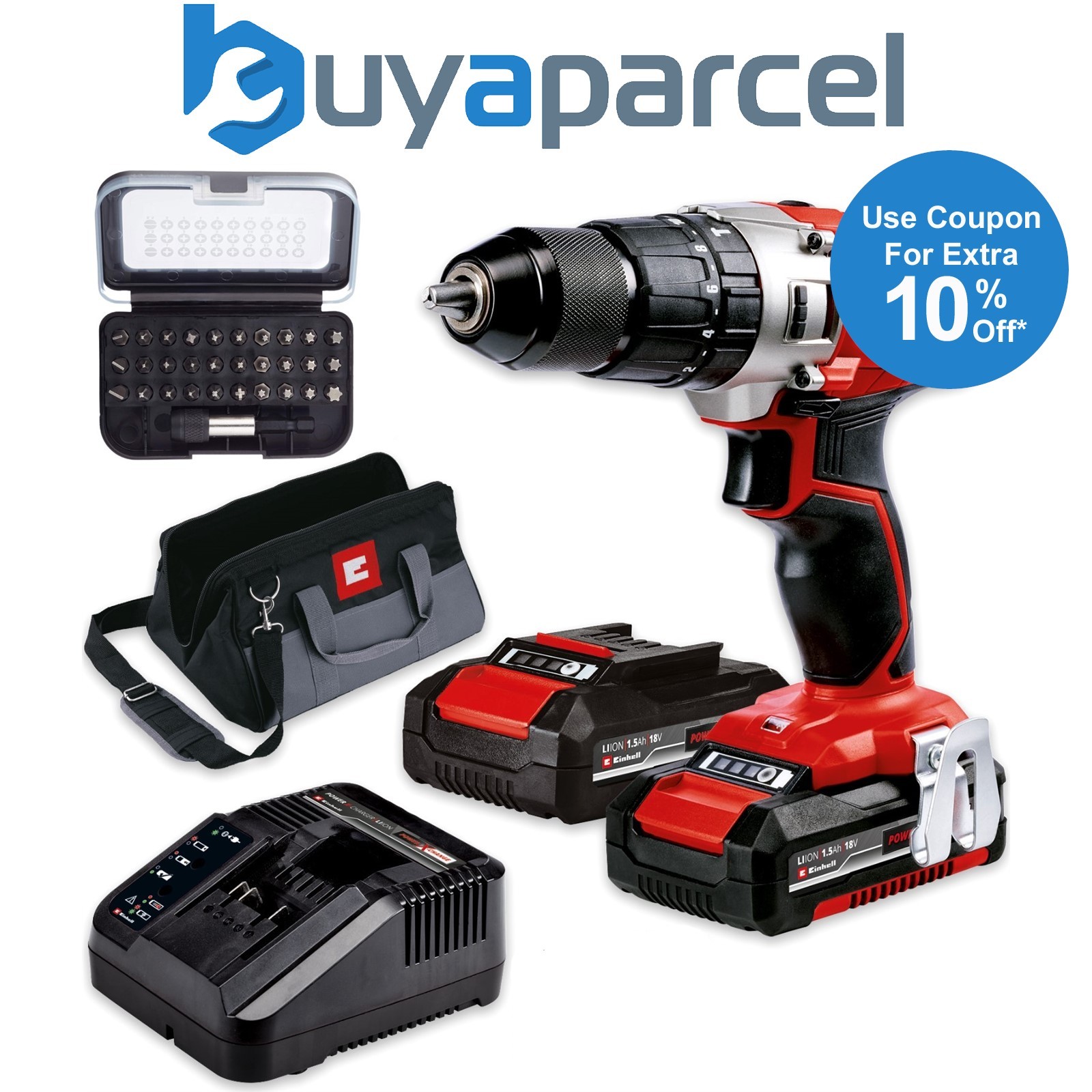 Einhell TE-CD Cordless Combi Drill PXC 18v Metal Chuck 2 x Batteries + Bit Set