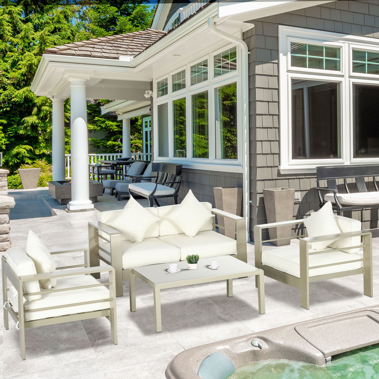 4 Pieces Outdoor Aluminium Frame Garden Furniture Set w/ Thick Padded Cushion