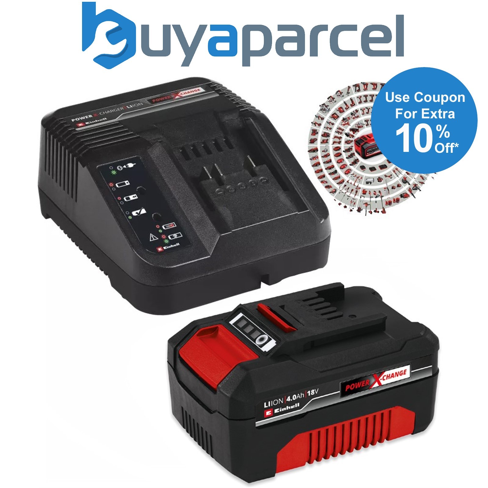 Einhell 18v Power X-Change PXC Starter Kit - 1x 4.0Ah Battery + 3ah Fast Charger