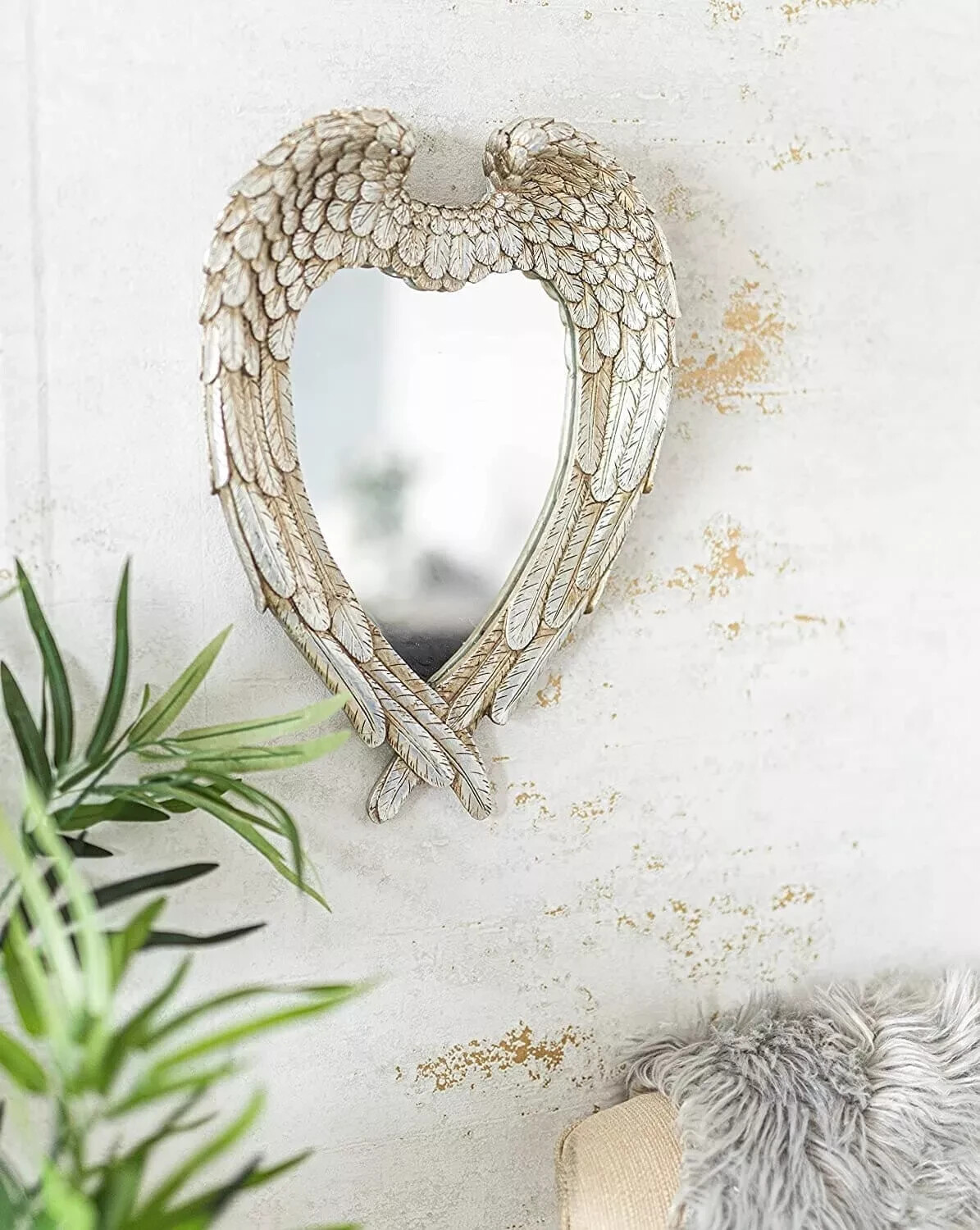Large Angel Wings Mirror Hanging Feathered Distressed Silver Wall Mount Home