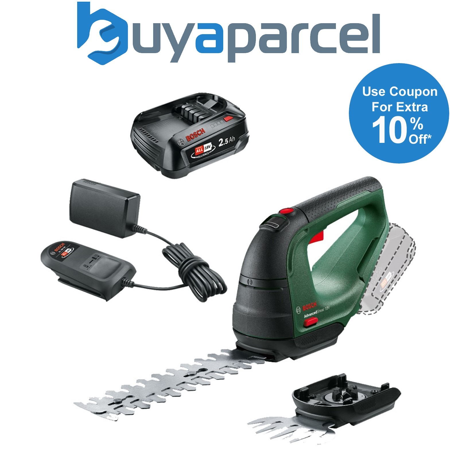 Bosch Cordless Grass Shear Hedge Cutter Pruner AdvancedShear 18V-10 + 2.5AH Kit