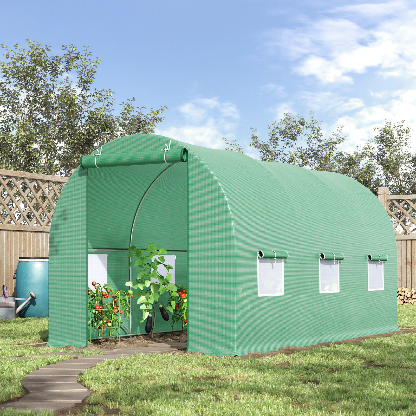 Walk-in Polytunnel Greenhouse w/ Roll-Up Door & Six Side Windows, 4.5 x 2 x 2m