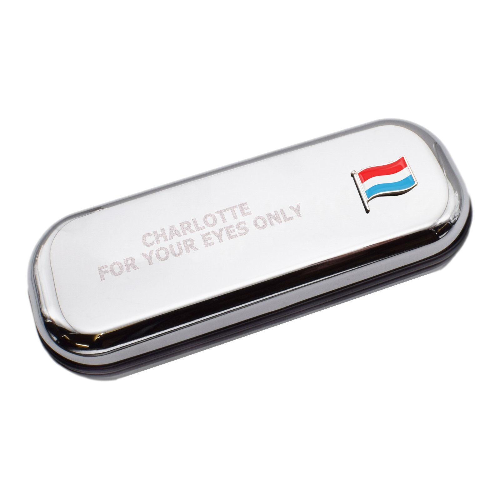 Luxembourg Wave Flag & Engraved With Message Chromed Glasses Case Box