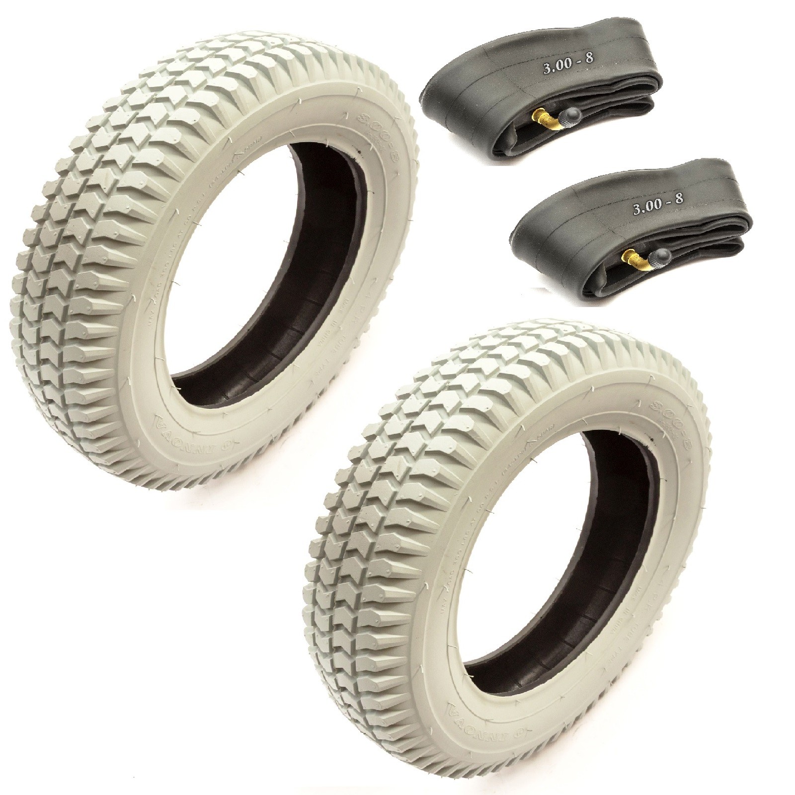 2x Mobility Scooter Pneumatic 4 Ply Tyre 3.00-8 & Inner Tube Block Tread Grey
