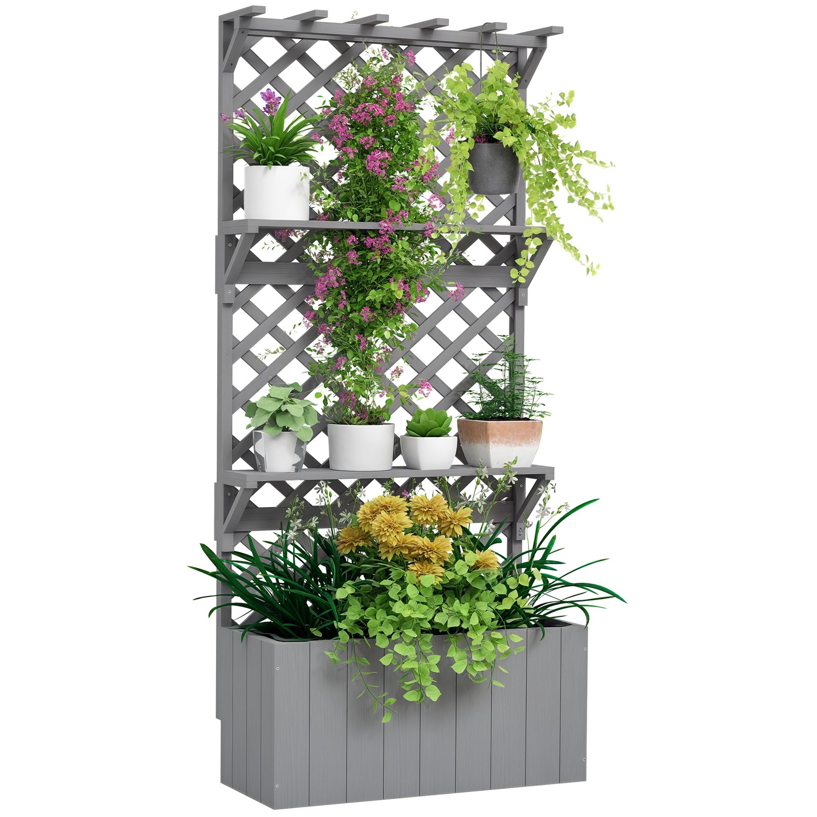 Outsunny Wooden Raised Planter with Trellis and 2 Shelves, Grey