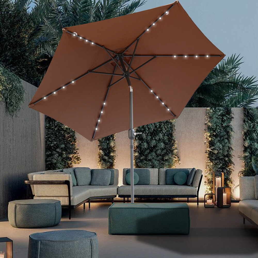 2.5M LED Parasol Garden Outdoor Patio Sun Shade Umbrella W/ Crank Tilt Coffee