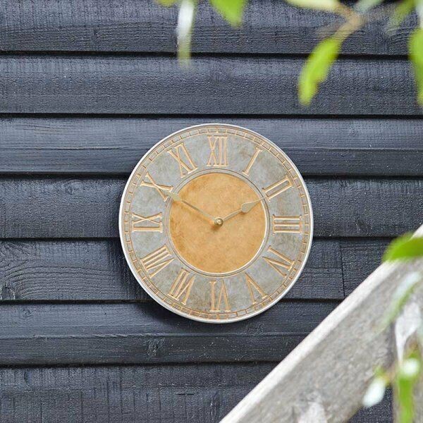 Large Wall Garden Clock Round 14'' Battery Operated Outdoor Decor Metal Effect