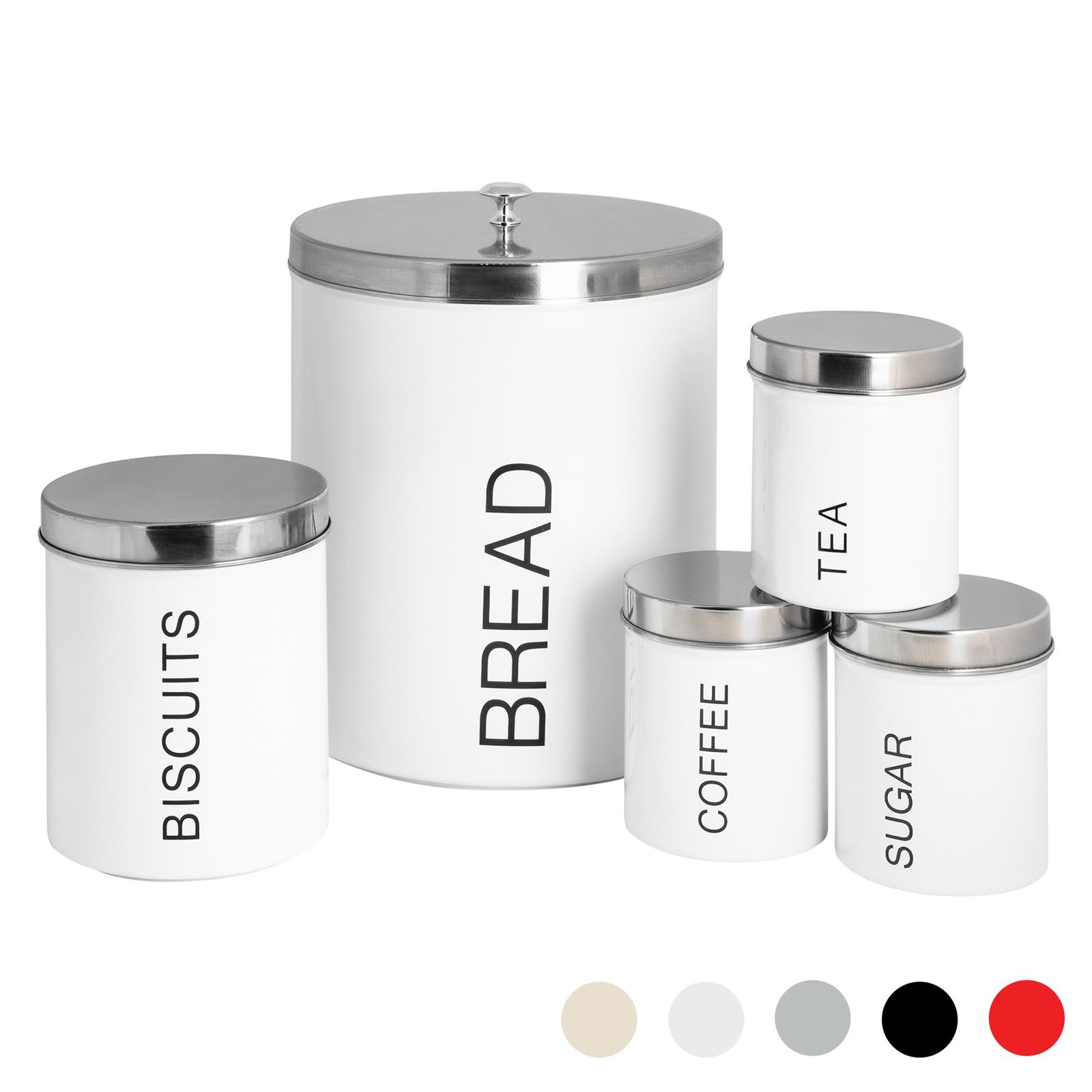 5x Kitchen Storage Canisters Set Tea Coffee Sugar Bread Jars Metal White