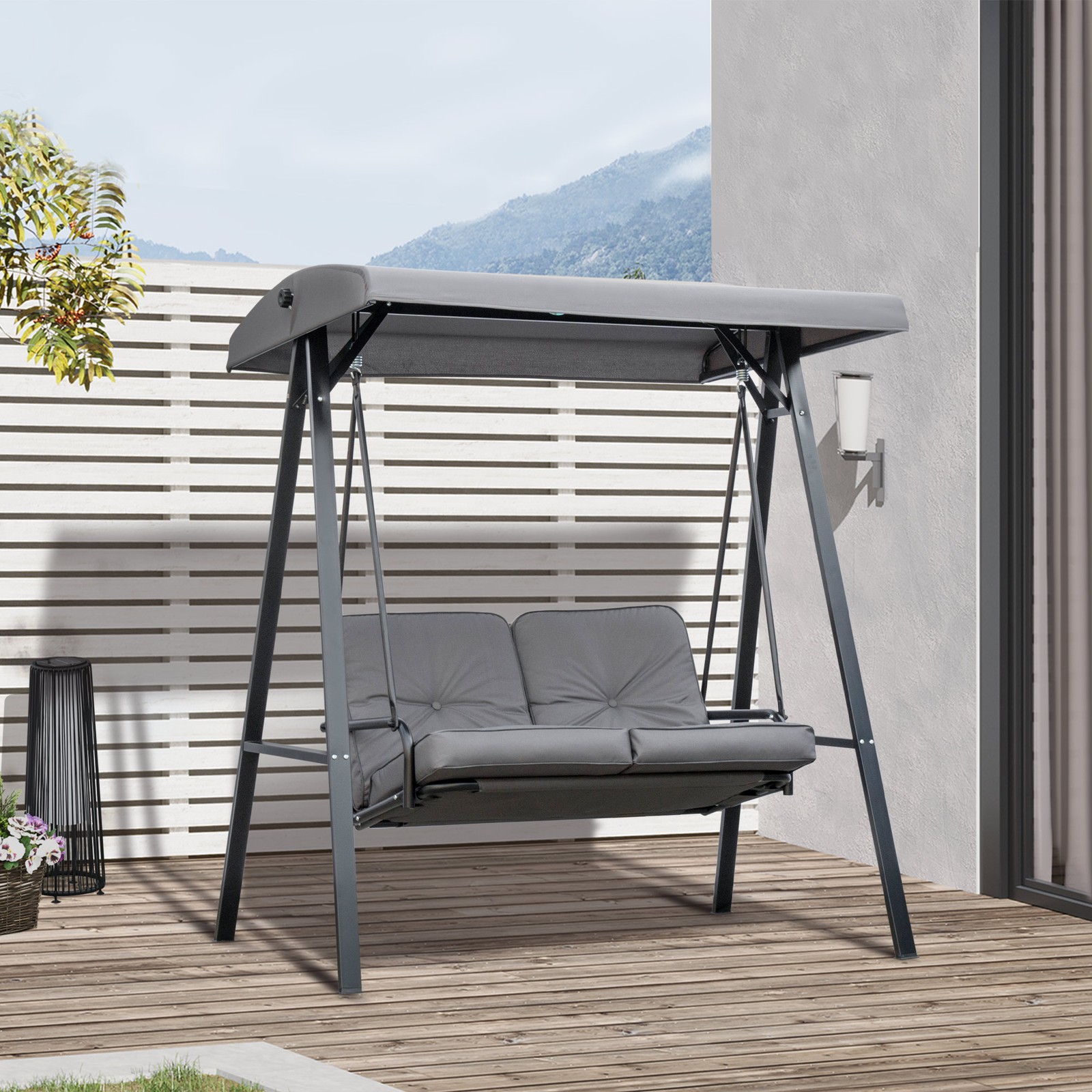 2 Seater Garden Outdoor Swing Chair Hammock Bench w/ Adjustable Canopy Grey