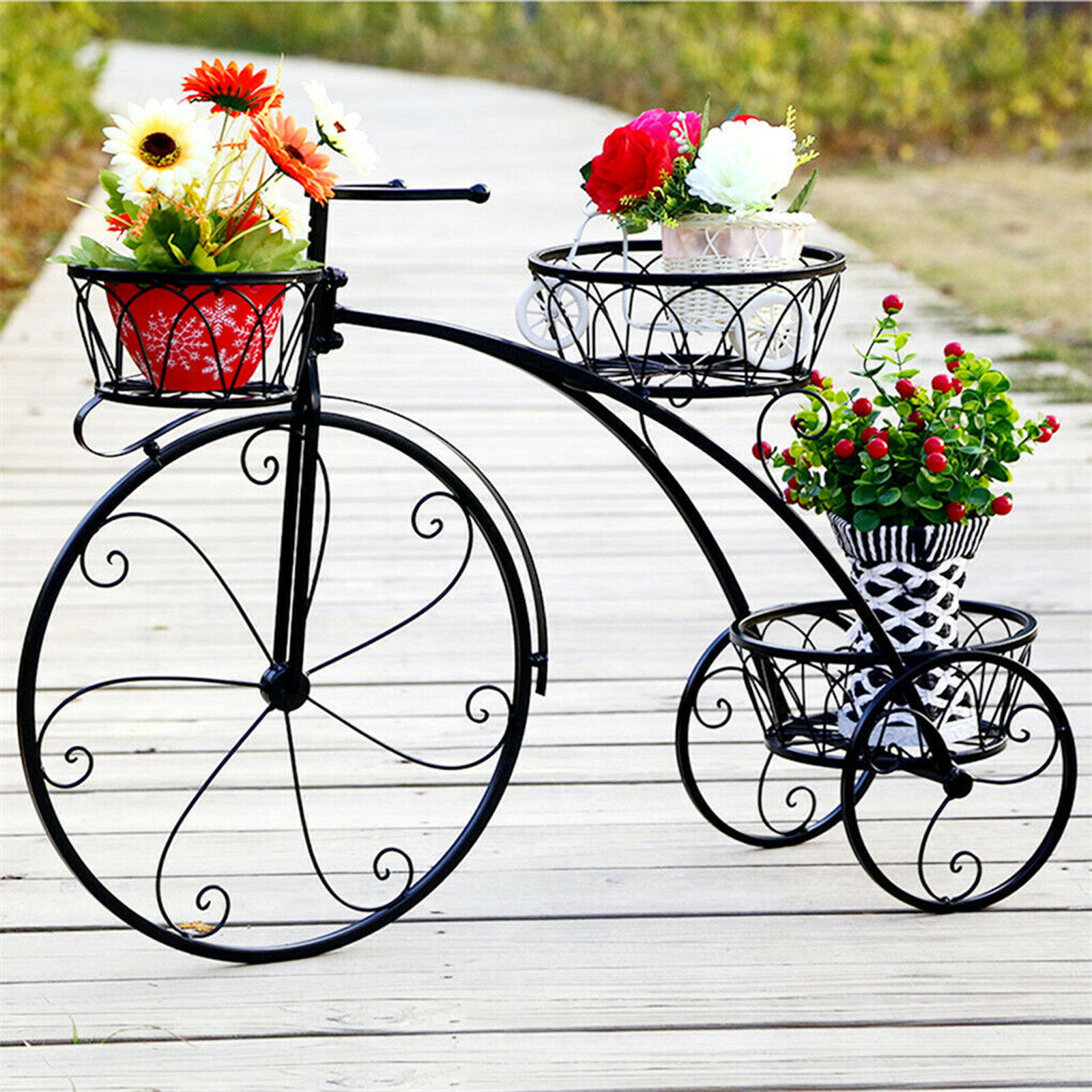 3-Tier Bicycle Plant Stand Wrought Iron Tricycle Planter Home Garden Patio Decor