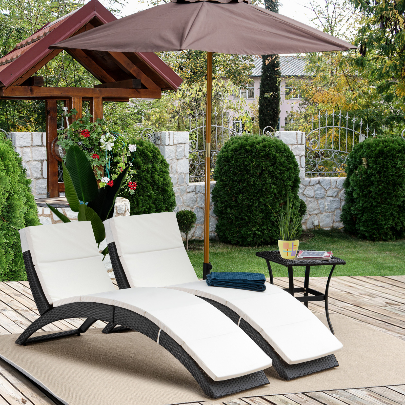 Garden Home 2pc Set Rattan Sun Lounge Recliner Folding Day Bed W/ Cushion Pool
