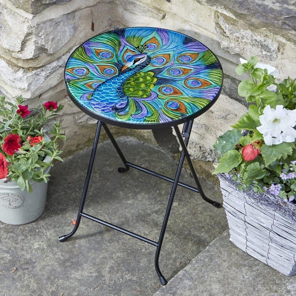 Outdoor Bistro Table Glass Top Decorative Round Peacock Garden 56cm x 30cm Metal