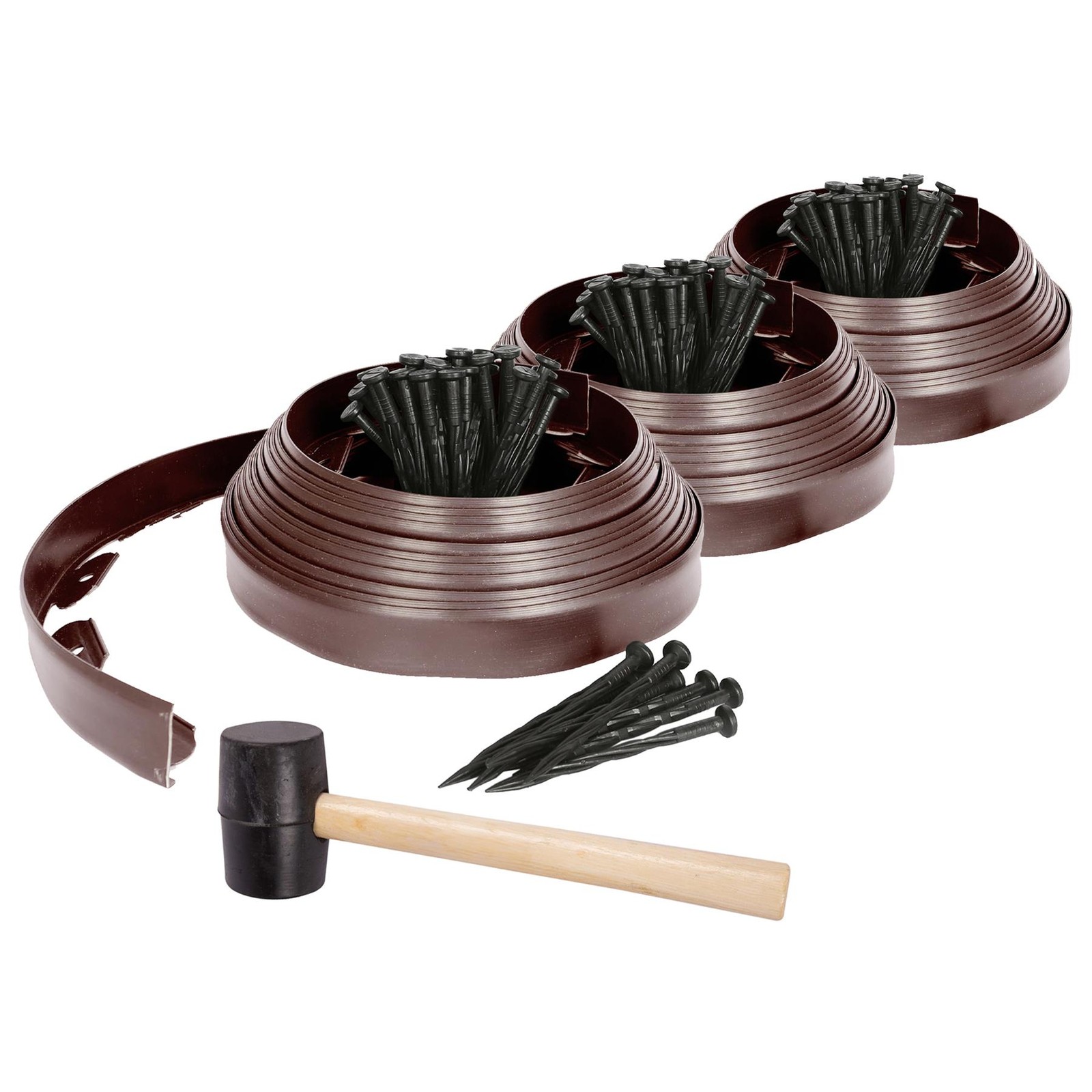3x Flexible Plastic Lawn & Path Edging with 120 Pegs & Mallet 30m x 4cm Brown