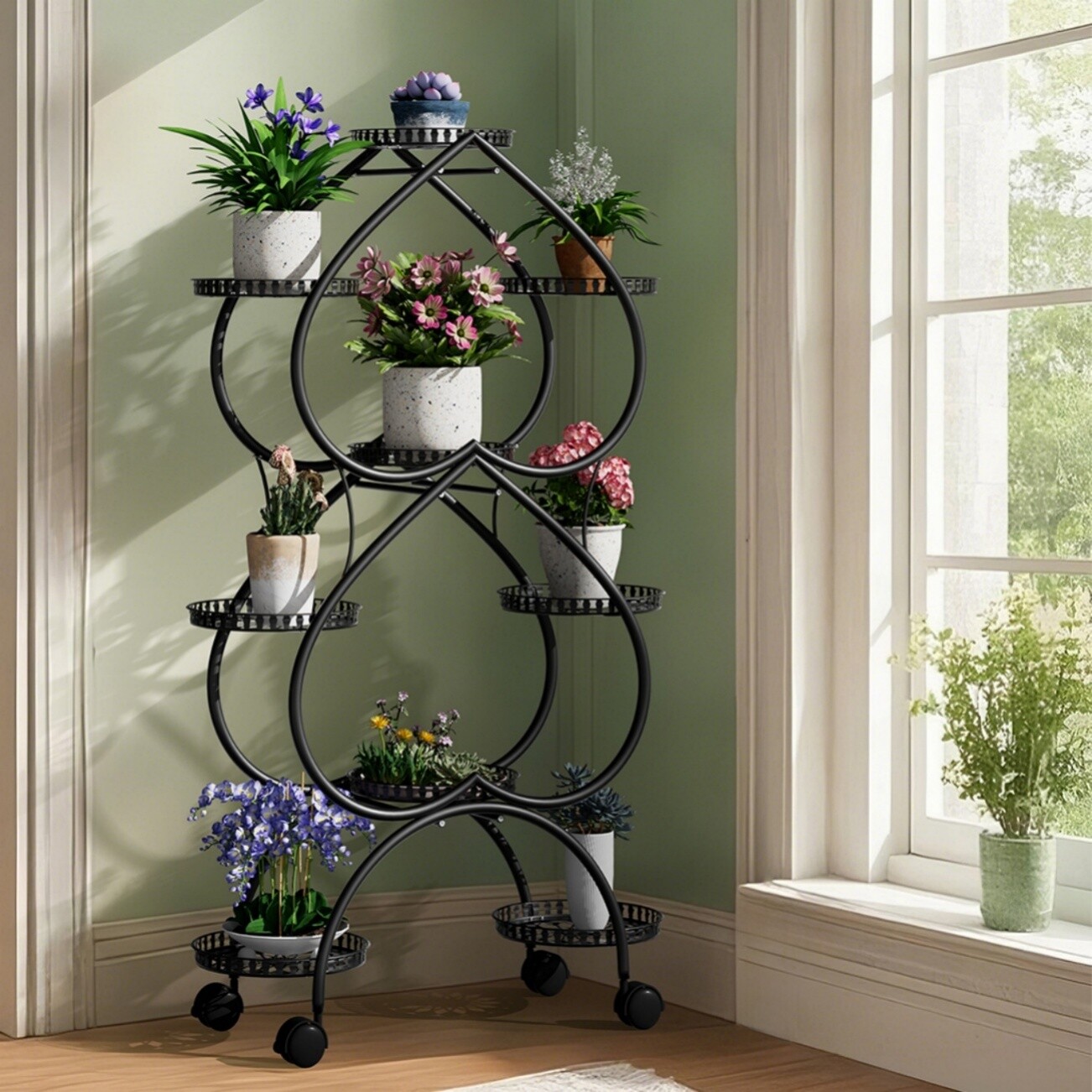 6 Tier Black Plant Stand European Double Heart Style Flower Pot Shelf with Wheel