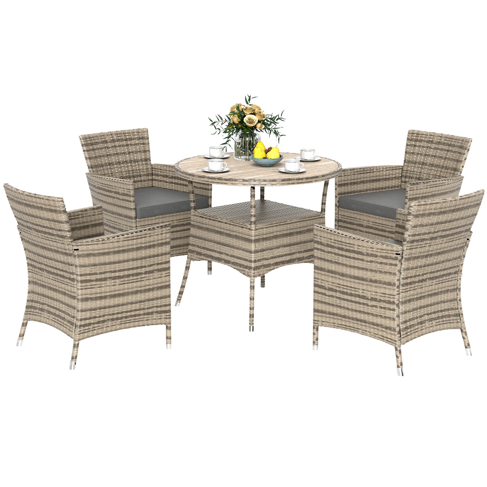 Outsunny Rattan Dining Set for 4 with Cushions for Patio, Balcony, Grey