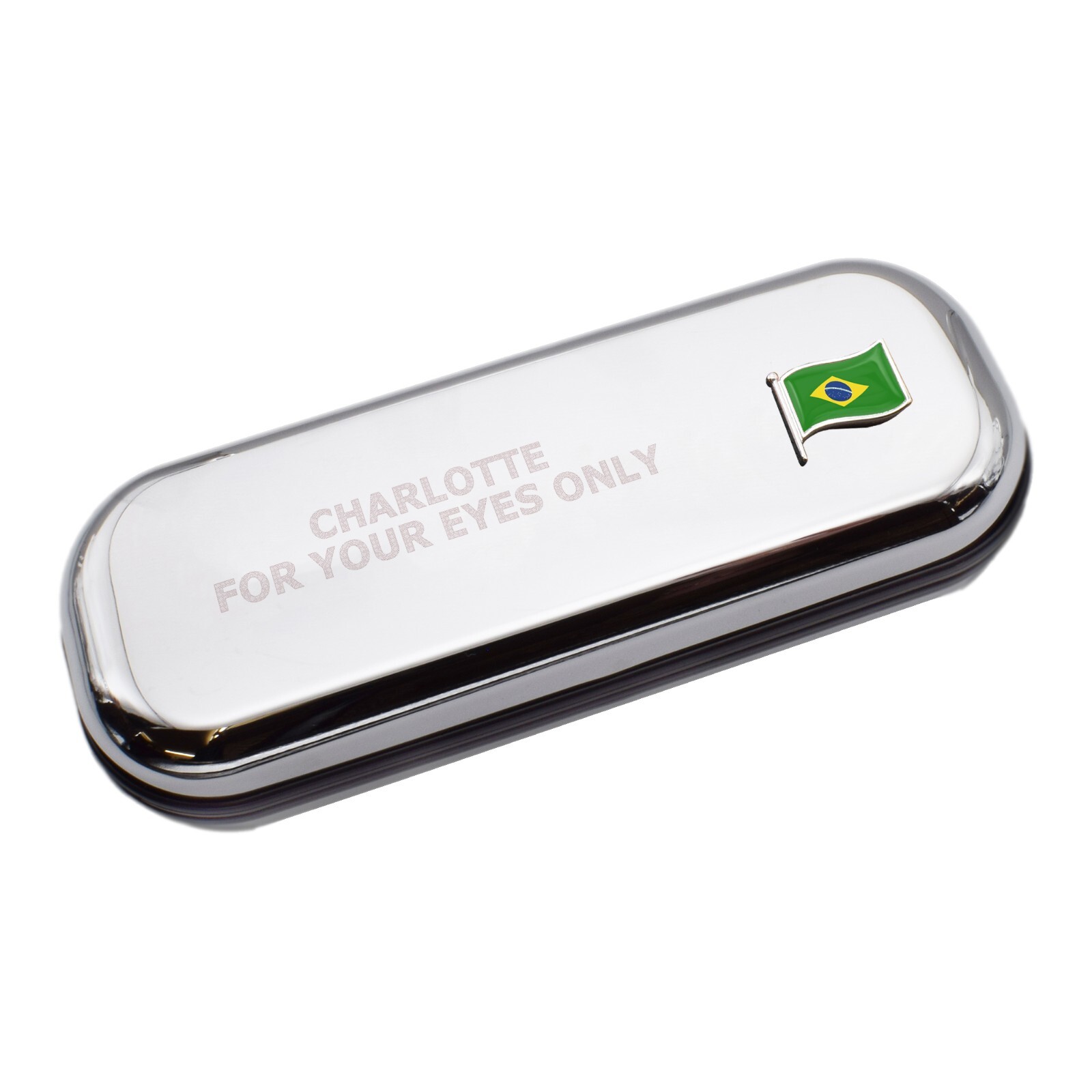 Brazil Wave Flag & Engraved With Message Chromed Glasses Case Box