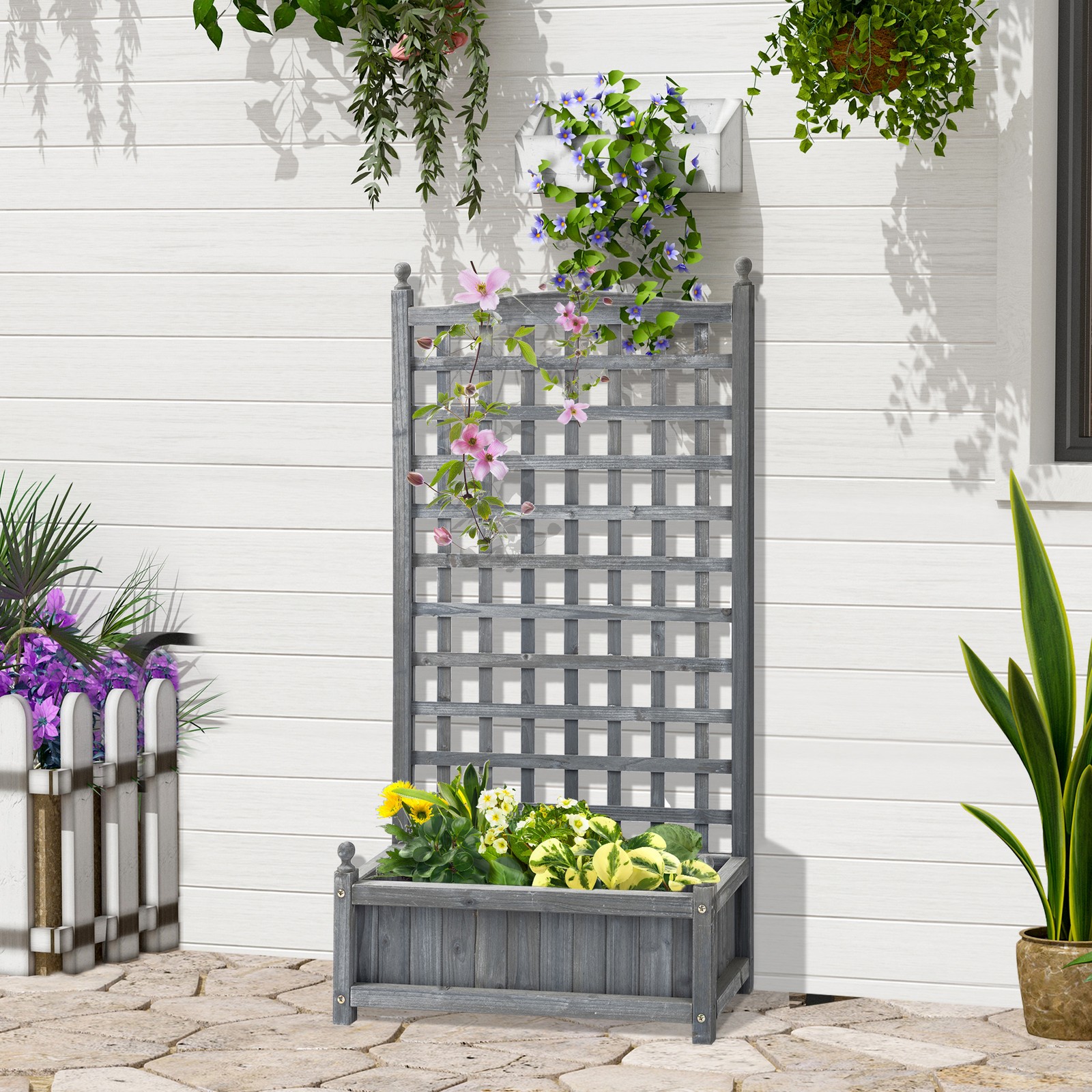 Garden Planter with Trellis for Climbing Vines Indoor Outdoor Grey