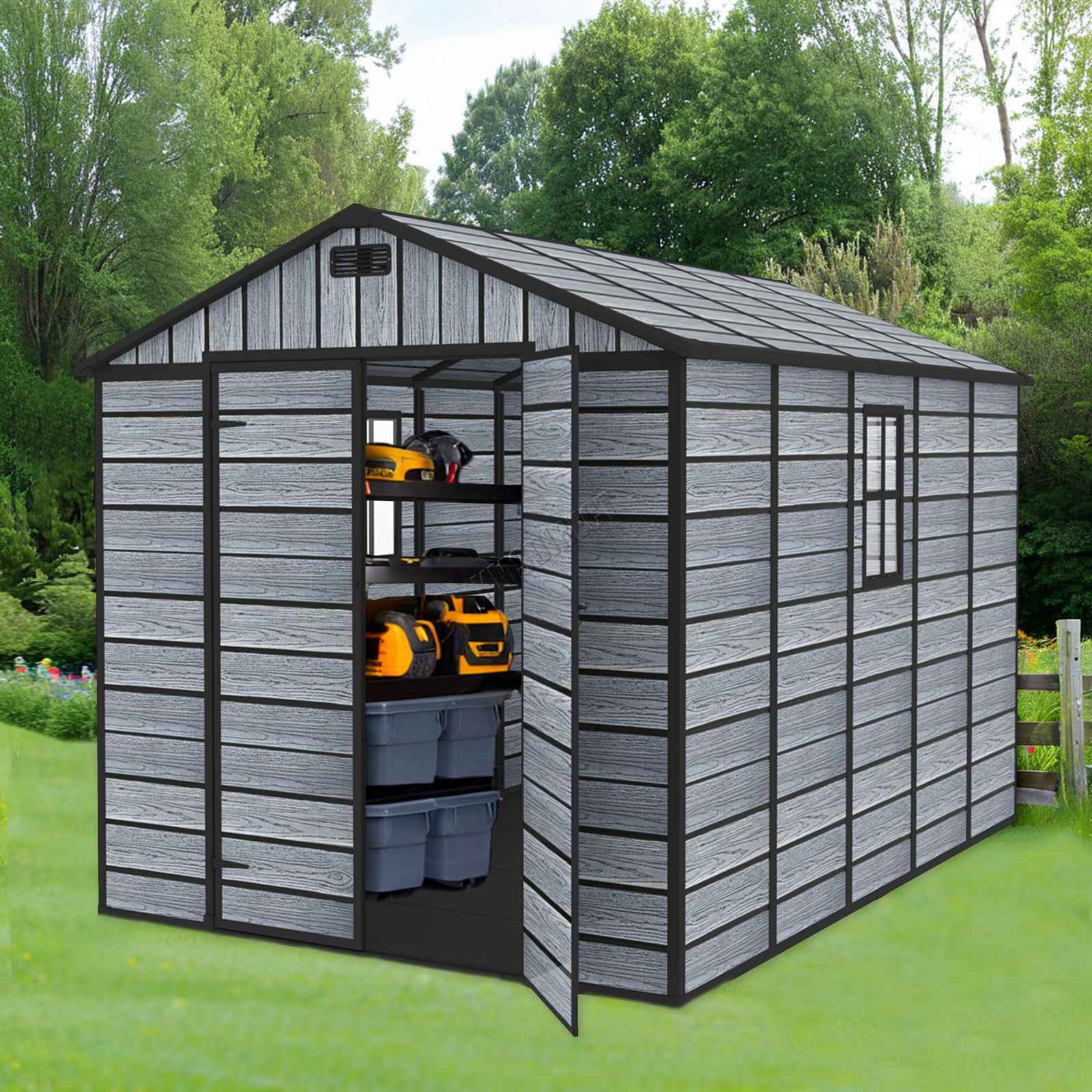 8X10FT Plastic Garden Shed Apex with Floor Window Lockable Door Wood Grain Grey