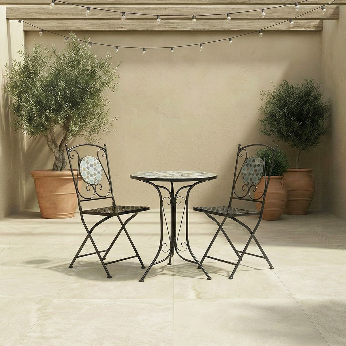 Charles Bentley 3 Piece Wrought Iron Mosaic Bistro Set Table and 2 Chairs