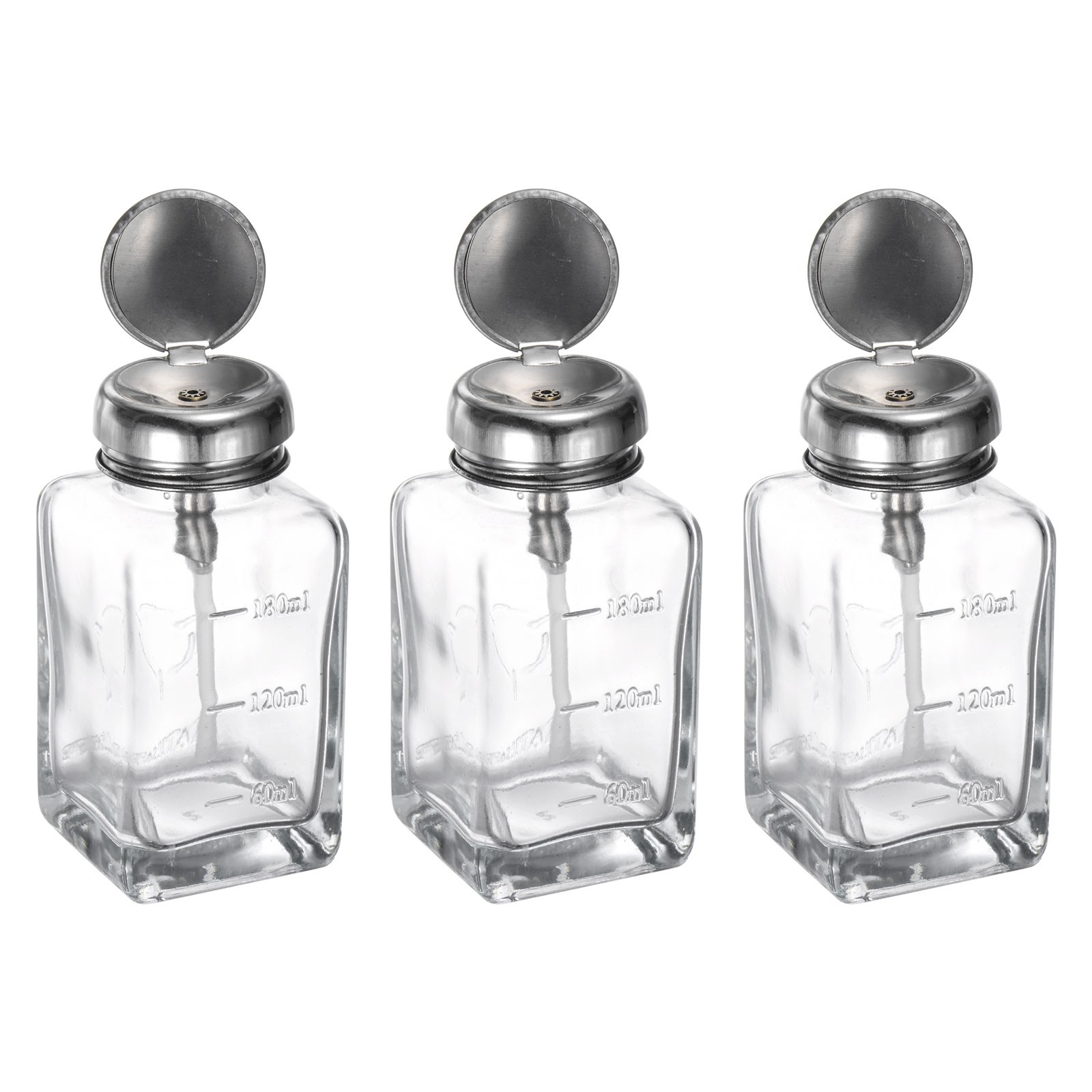 3PCS 6Oz / 180ML Glass Pump Dispenser Bottle Square Press Push Down Container