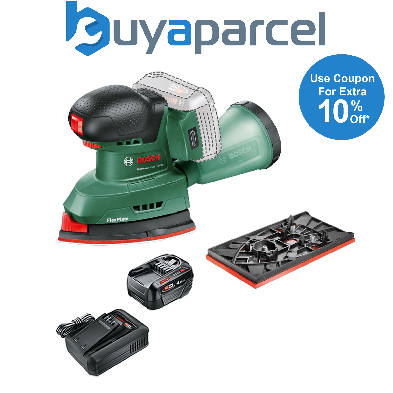 Bosch 06033E3100 UniversalSander 18v Multi Palm Sander + Sheets 4AH Battery Kit