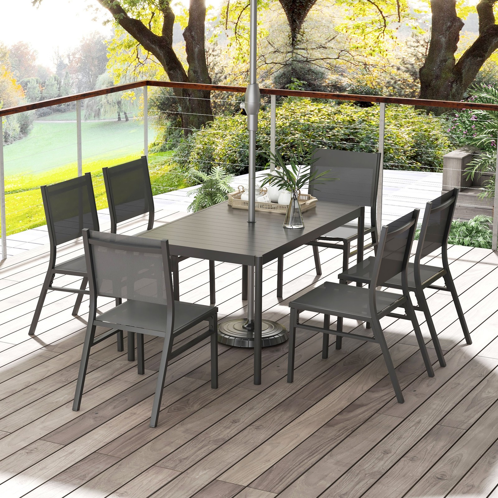 6 Seater Outdoor Table and Chairs with Breathable Mesh Seat and Aluminium Top