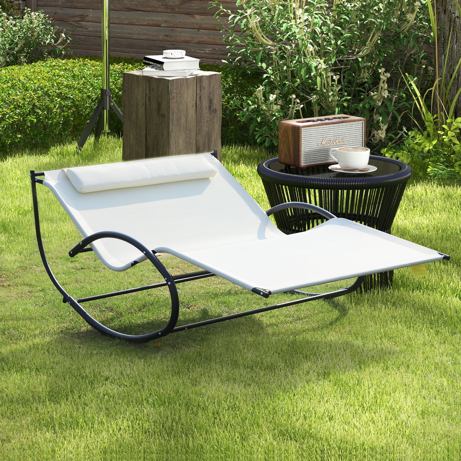 Garden Double Rocker Lounger Hammock W/ Pillow Sun Bed Patio Swing Chair Cream