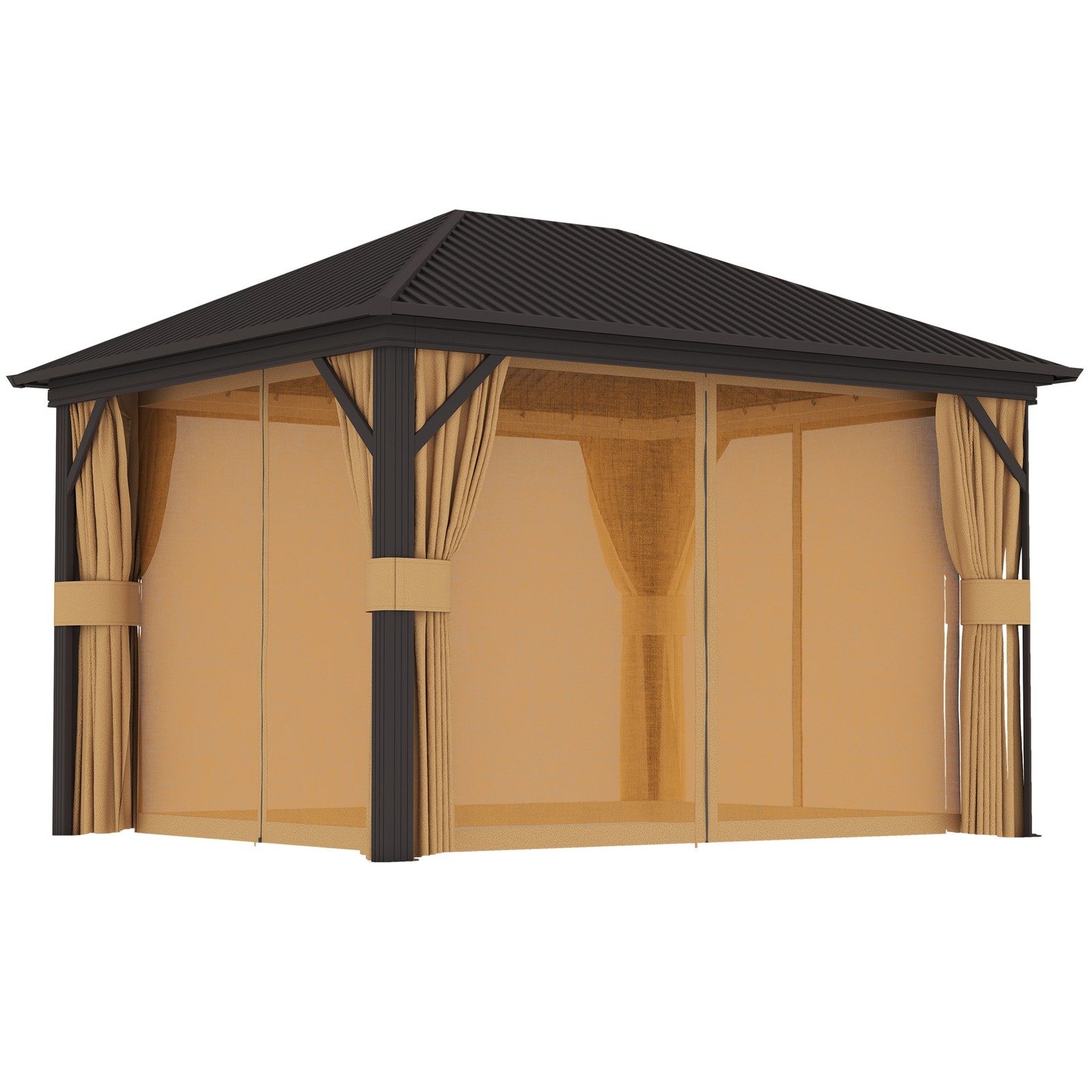 Outsunny 3.6 x 3(m) Metal Garden Hardtop Gazebo with Screened Curtain Brown