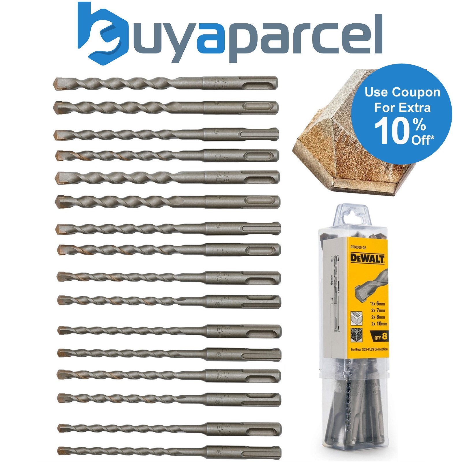 DeWalt 16 Piece SDS + SDS Plus Drill Bit Set 6 7 8 10mm Long Life Carbide + Case