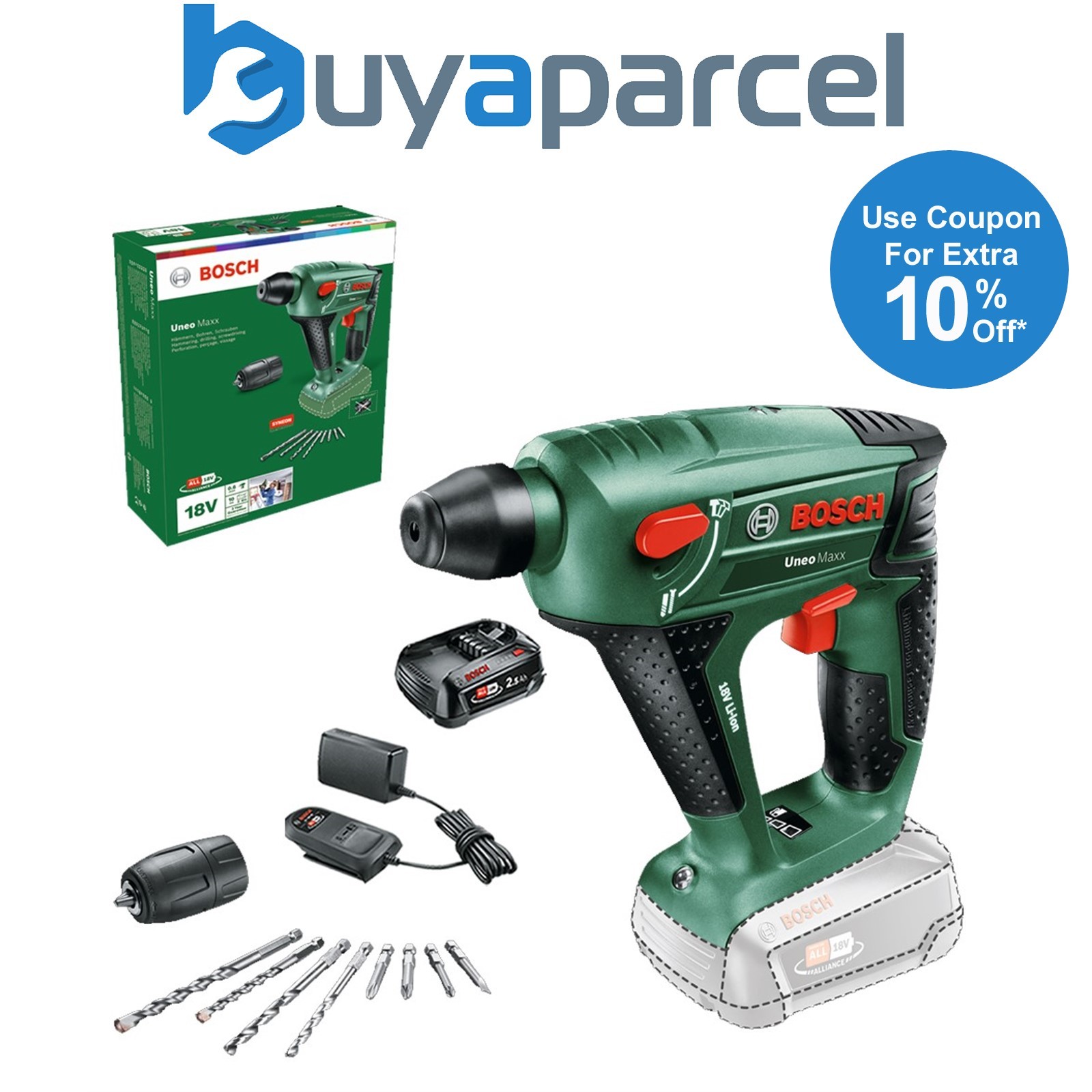 Bosch 060395230C 18v Rotary SDS Hammer Drill UNEO Maxx + Chuck 2.5AH Battery