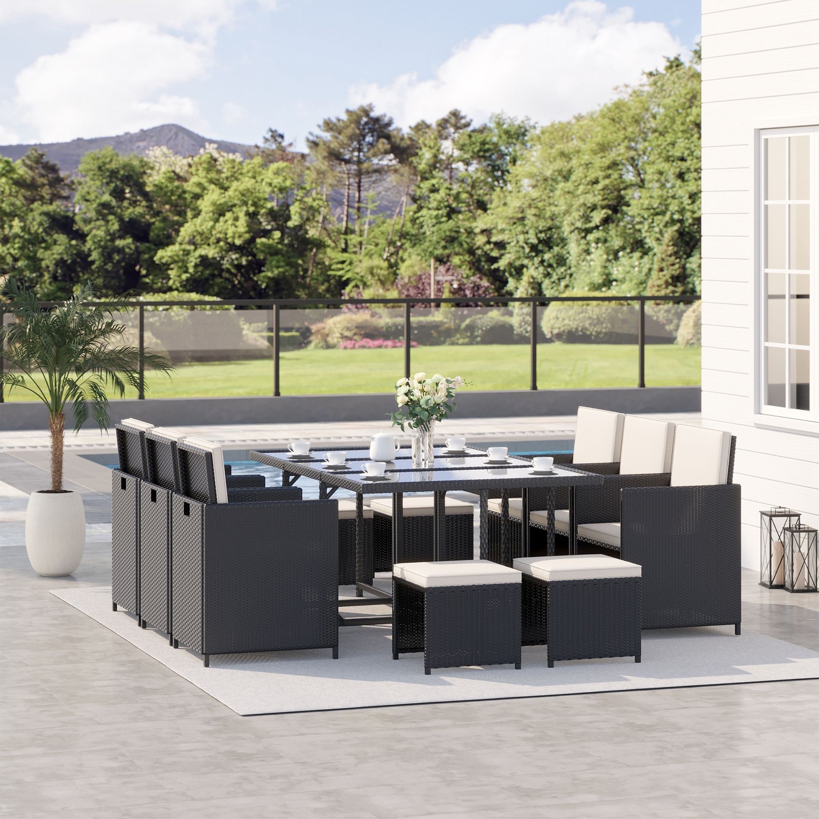 10 Seater Rattan Cube Garden Furniture with Cushions, Rattan Dining Set, Black