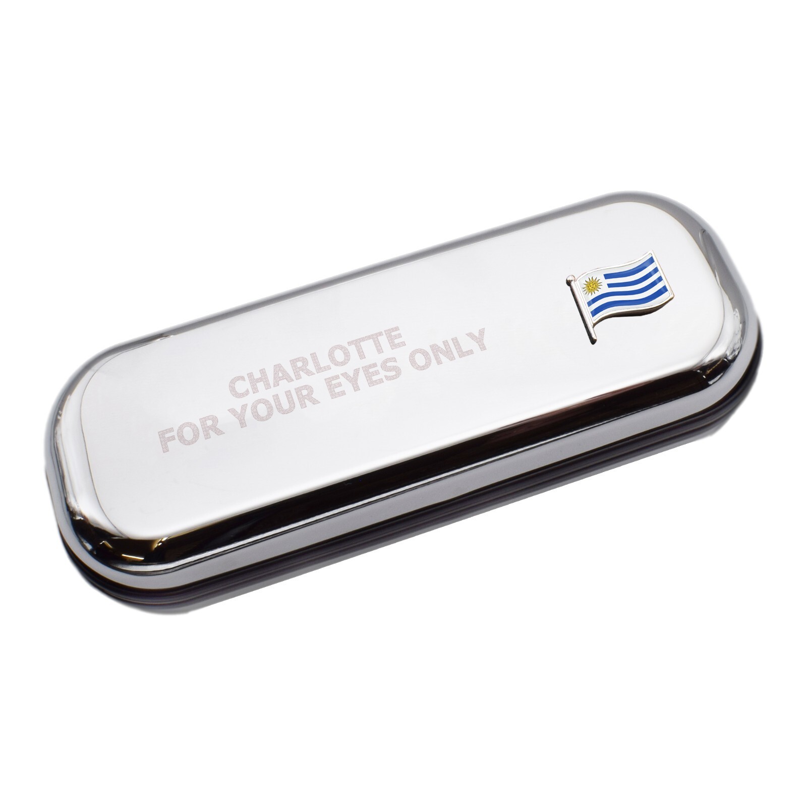 Uruguay Wave Flag & Engraved With Message Chromed Glasses Case Box