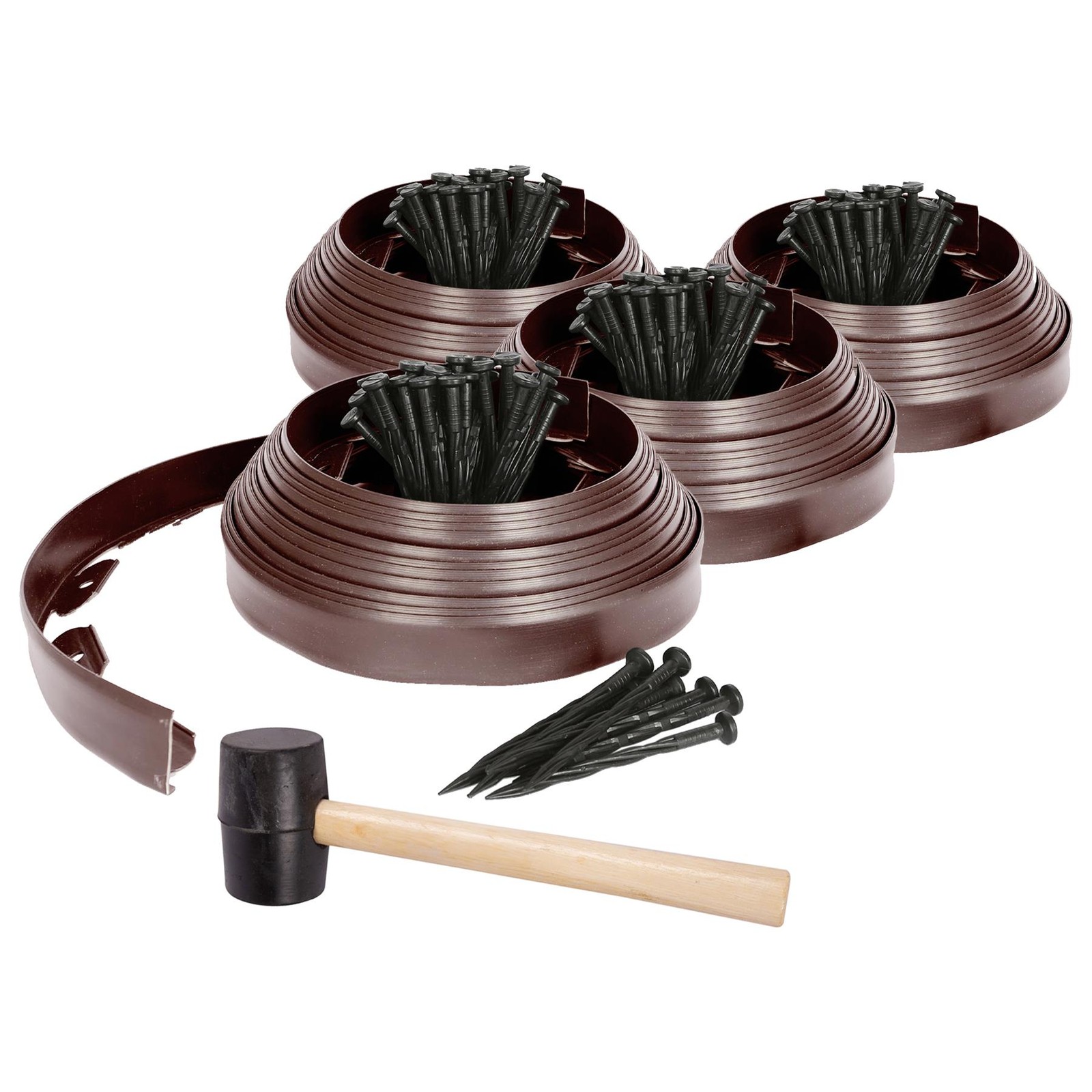 4x Flexible Plastic Lawn & Path Edging with 160 Pegs & Mallet 40m x 4cm Brown