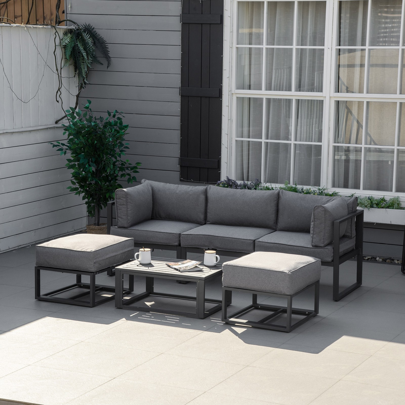 6 PC Outdoor Sectional Sofa Set Aluminum Garden Daybed w/ Coffee Table Footstool