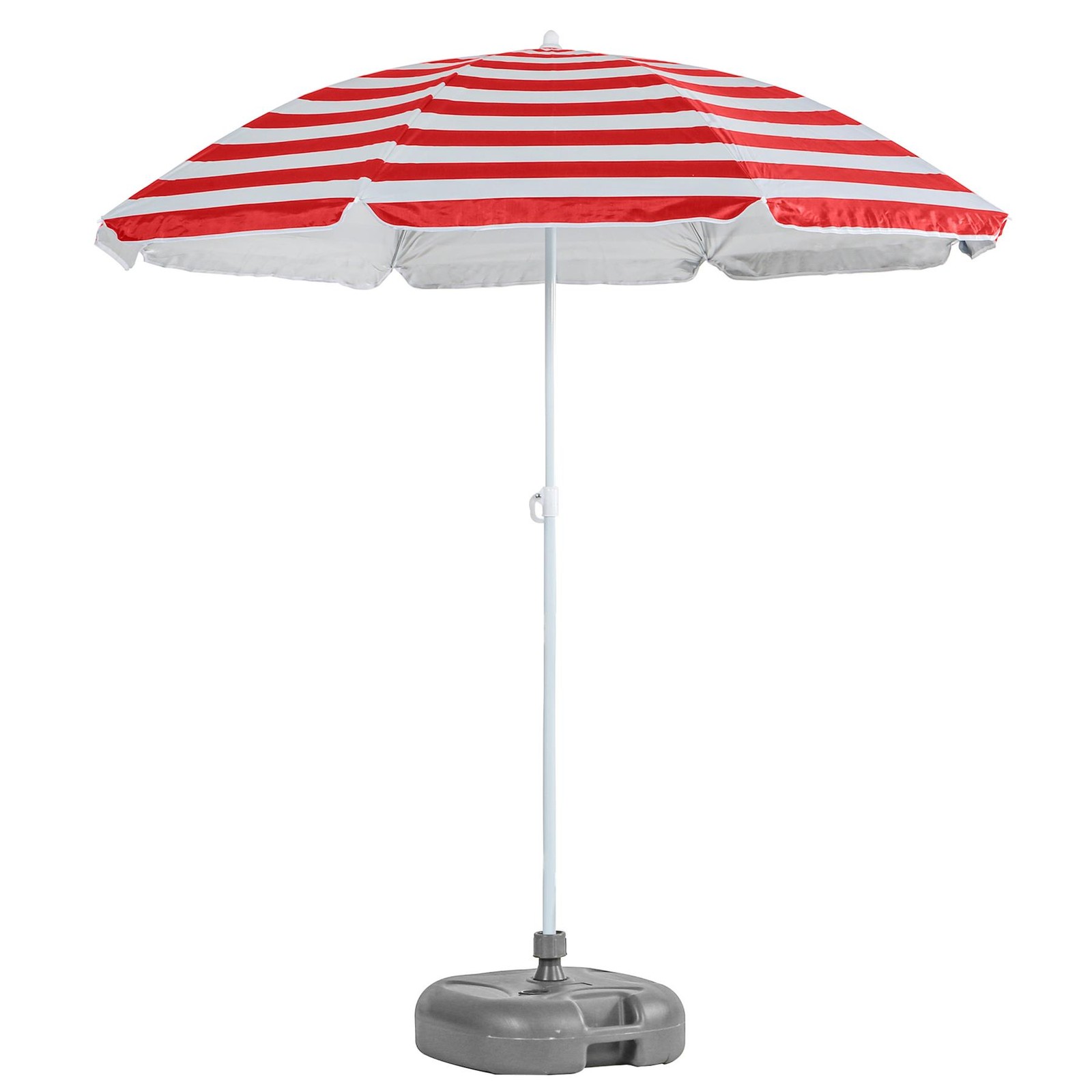 1x Metal Beach Parasol with Base 1.8M x 2M Red Stripe/Grey UPF50+ Sun Umbrella